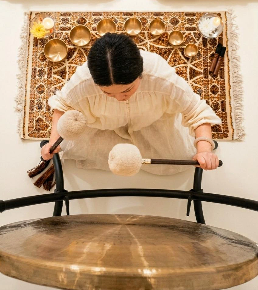 Jane Lun conducting a professional gong bath sound healing session in Hong